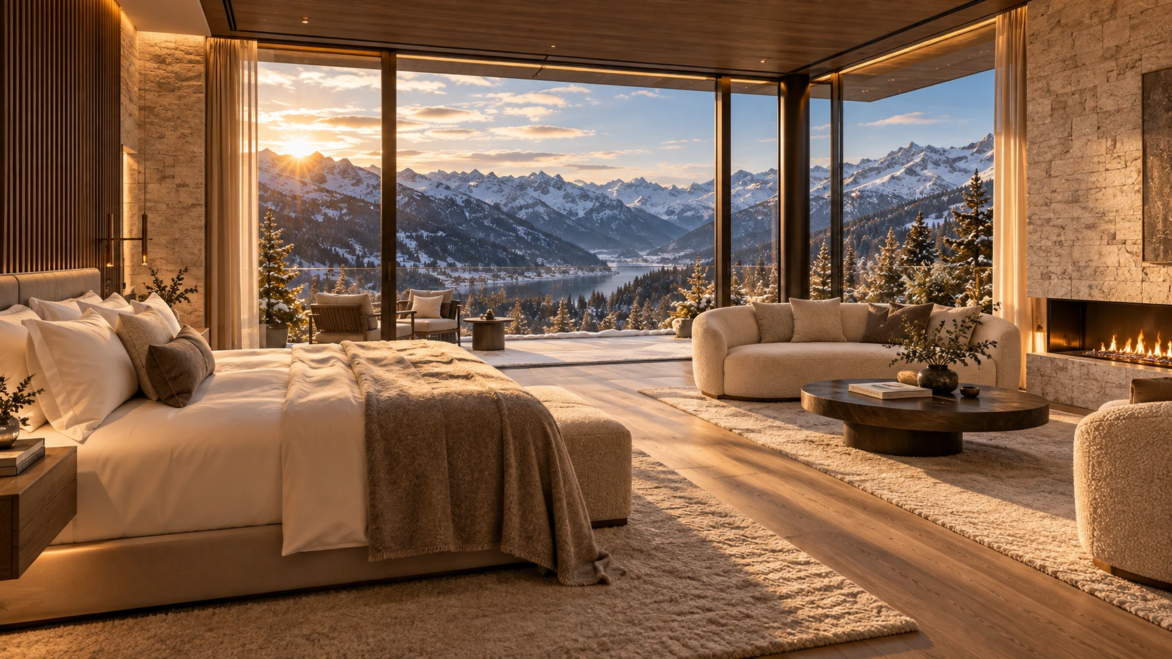 Panorama Suite mit Kingsize-Bett, Kamin und raumhohen Alpenfenstern