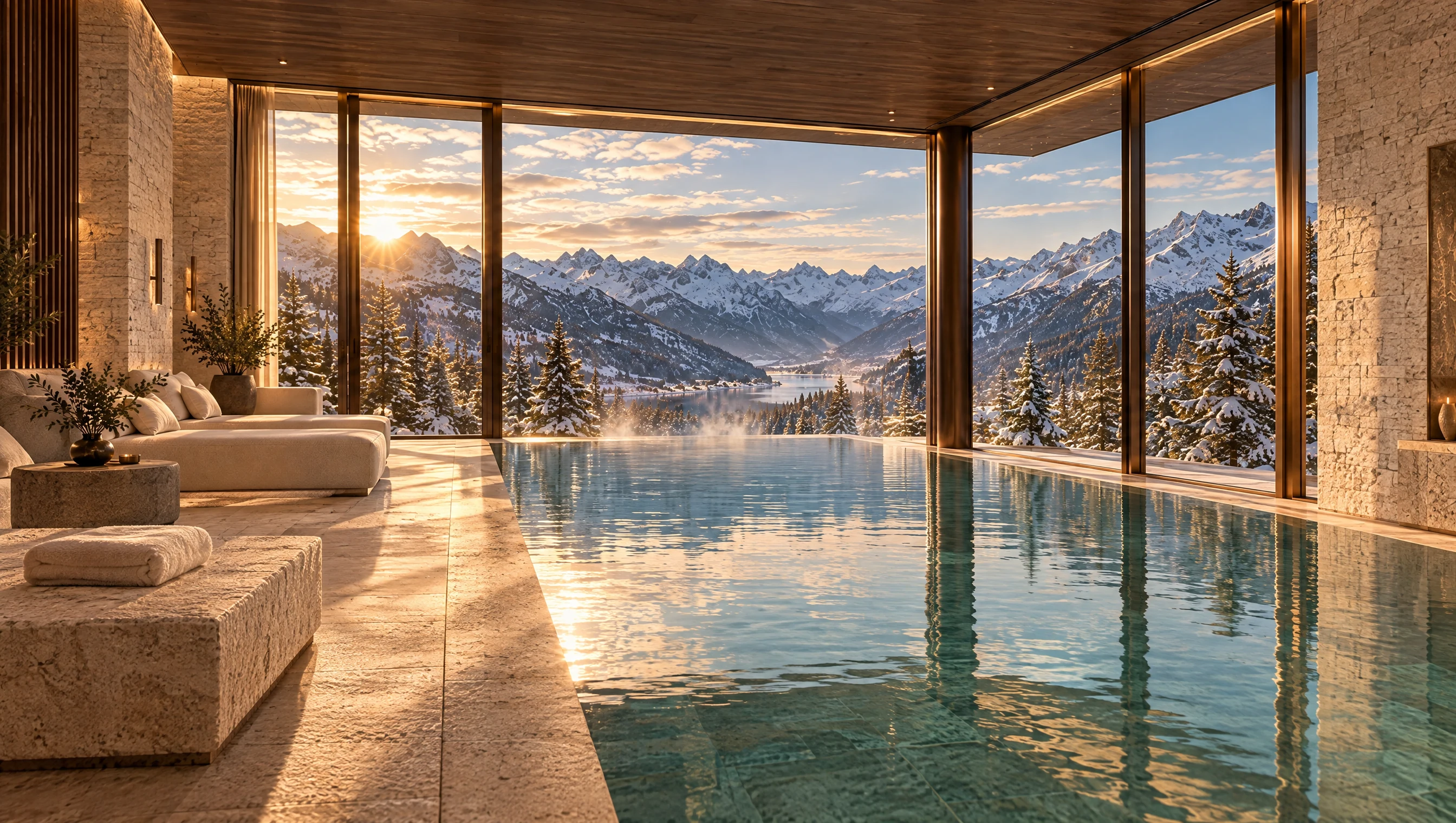Ein ruhiger Infinitypool aus Naturstein vor einem weiten Alpenpanorama